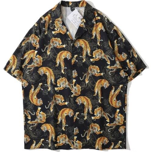Dark Streetwear Tiger Print Retro Cuban Collar Shirt Men Hip Hop Short Sleeve Stylish Summer Vintage Clothes Camisas De Hombre