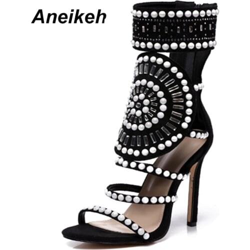 Aneikeh Sandals Women Fashion Open Toe Rhinestone Design High Heel Sandals Crystal Ankle Wrap Glitter Diamond Gladiator Sandals
