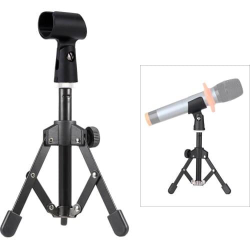 MS-12 Mini Foldable Adjustable Desktop Microphone Stand Tripod with MC5 Mic Clip Holder Bracket for Meeting Lectures Podcasts