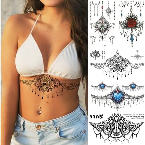 1 Sheet Chest Body Tattoo Temporary Waterproof Jewelry Lace Totem Lotus Mandala tatto Decal Waist Art Tatoo Sticker Women