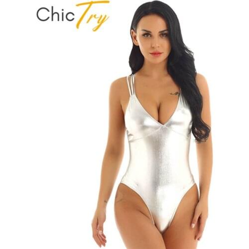 ChicTry Women Shiny Metallic V-Neck Strappy Gymnastics Ballet Leotard Stage Dance Costume Solid Color Bathing Suit Sexy Bodysuit