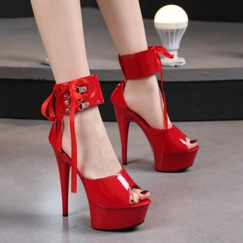 Model Lace Up Womens Shoes 13 15 CM Super High Heel Sandals Sexy Party Club Patent Leather Platform Striptease Pole Dance Shoes