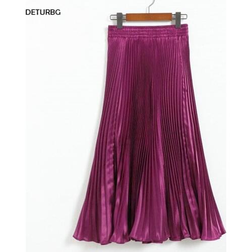 Womens Pleated Mermaid Skirt Female 2020 Spring Japan Style Casual High Waist Satin Midi Long Skirts Shiny Saias 17 Color SK501