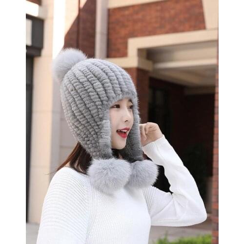 Women winter ear cap real mink fur hand knitted keep warm lady cute bomber hats high quality free shipping