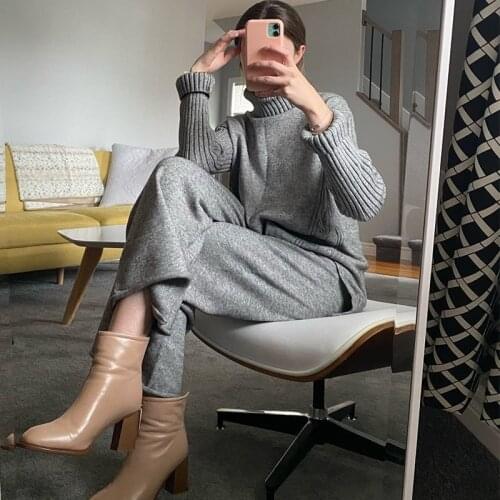 Turtleneck Two Piece Set Top and Pants Tracksuits Womens 2 Piece Set Warm Winter Za Women 2021 New Knitted Suit Korean