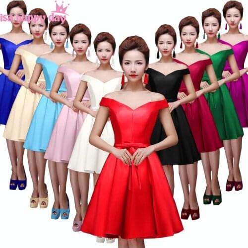 Short women red off shoulder brides maides formal lace up back dresses for teens high fashion dress 2020 weddings B2644