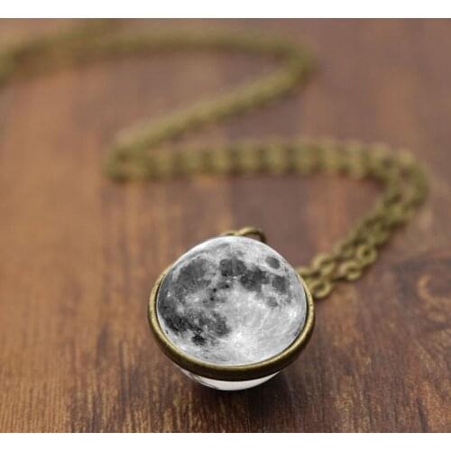 Fashion Double-sided Grey Full Moon Crescent Glass Ball Pendant Necklace Jewelry Necklace Women Boyfriend Gift