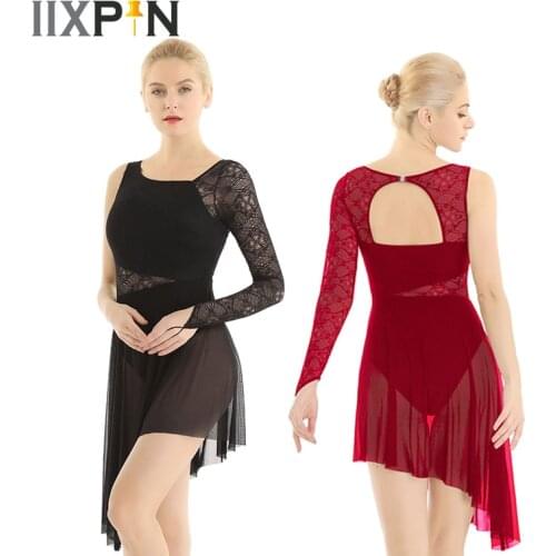 Women Lyrical Modern Contemporary Ballet Dance Dress Single Long Sleeve with Fingertip Lace Bodice Asymmetric Leotard Dress