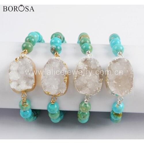 BOROSA NEW Gold Silver Plated Natural Agates Druzy With 8mm Natural Turquoises Beads Bracelets Gems Bracelet G1733
