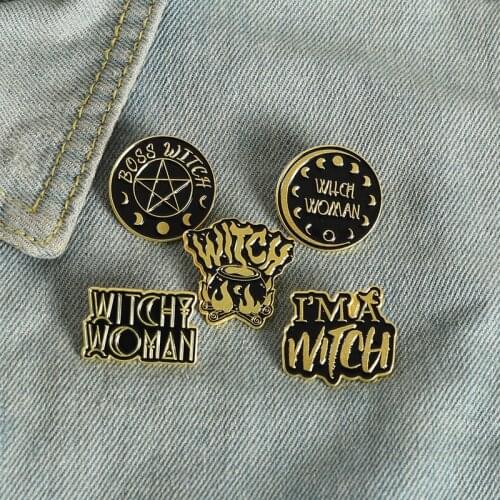Letter Dark Black Fire Brooches Witch Woman Enamel Pins Black Wizard Divination Lapel Badge Bag Gift For Friends