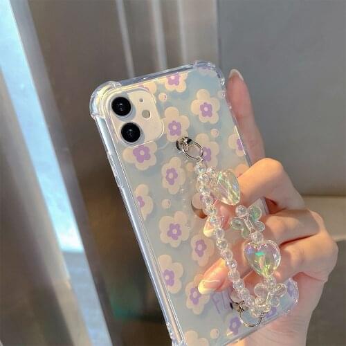 Korean Flower Love Heart Chain Bracelet Phone Case For iPhone 12 Mini XR X XS Max 7 8 Plus 11 Pro Max SE ShockProof Back Cover