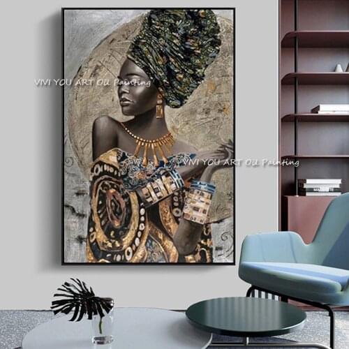 100% Handmade Black Woman Oil Painting Brown Gold African Girl Wall Art Large Poster Canvas Picture Living Room Bedroom Decor