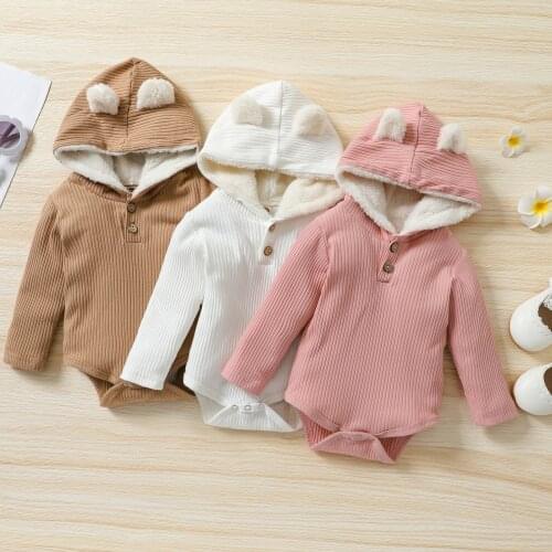 Baby Girls Boys Fleece-lined Romper Autumn Winter Warm Toddlers Cute Cartoon Ears Long Sleeve Hooded Jumpsuit Infant Clothes