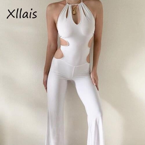 XLLAIS Thick White Material Bandage Jumpsuits Women Sexy Long Tight Cut Out Soft Rompers Lady Streetwear V-Neck Stretch Overalls