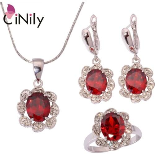 CiNily Red Purple Cubic Zirconia Silver Plated Wholesale Women Jewelry Necklace Pendant Earrings Ring Jewelry Set NT158-59