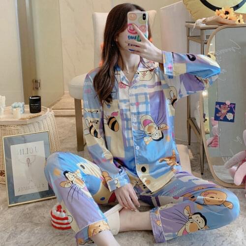 Disney cartoon Mickey Minnie ice silk pajamas women long-sleeved trousers thin sweet silk loose home service pajamas set