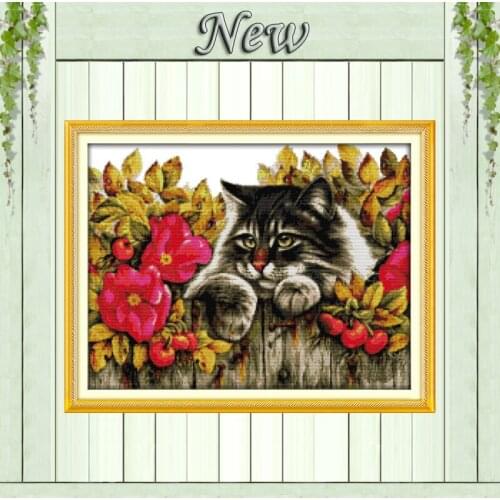 Cat in the flowers,Counted printed on canvas DMC 14CT 11CT Cross Stitch Needlework kit Embroidery Set,colorful animal Home Decor