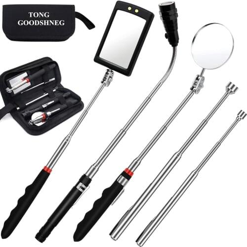 Magnetic Pick-up Tools,5Pcs Telescoping Magnetic Tool w/15lb/1lb Rod,Flexible 3 Led Flashlight Round Adjustable Inspection Mirr