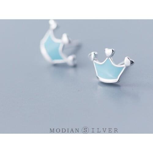 MODIAN Blue Enamel Lovely Crown Hearts Stud Earrings for Women Fashion 925 Sterling Silver Anti-Allergy Ear Studs Fine Jewelry