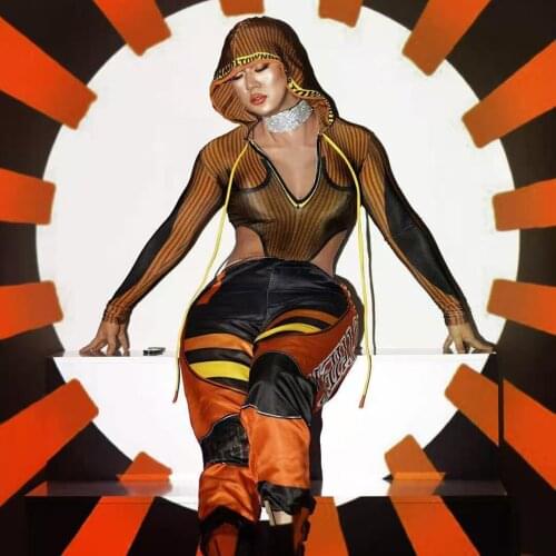 Fashion Print Stretch Racer Bodysuit With Pants Women Sexy Hooded Leotard Jazz DJ Singer Stage Outfit Sets Performance Costumes