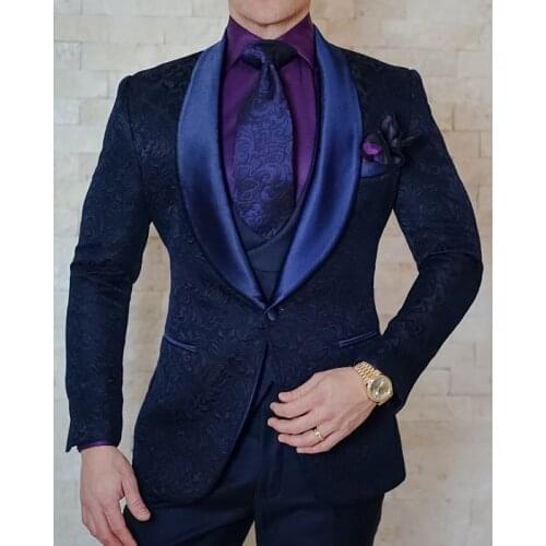 Mens 3 Set Suits Male Shawl Lapel White Royal Blue Prom Dress Suits Stage Singer Costume Printed suit (Blazer+Vest+Pants)