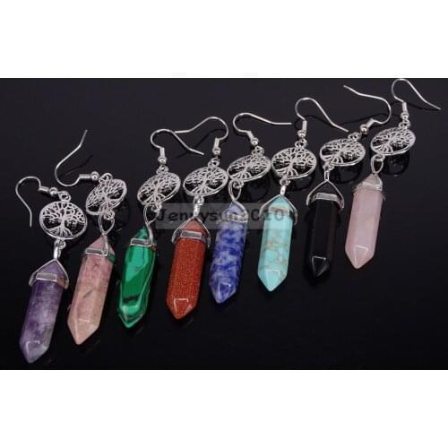 Natural Gems Stone Tree of Life Hexagonal Reiki Chakra Pendant Silver Hook Earrings Jewelry Design 5 Pairs/Pack
