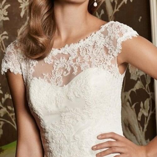 New Elegant Wedding Scoop Neck V Back Jackets Short Sleeve Lace Top White Ivory Wraps Boleros Custom Size Bridal Jacket