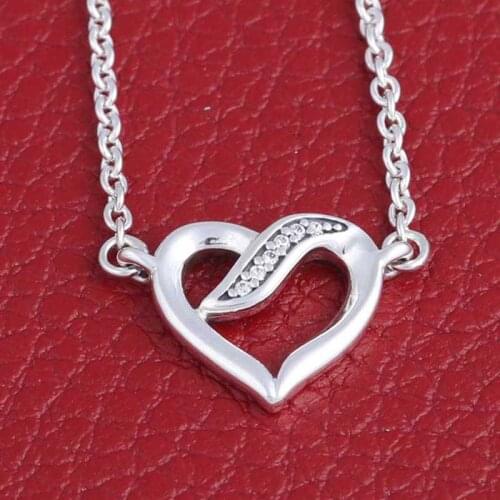 Original Ribbons Of Love Heart With Crystal Chain Necklace For 925 Sterling Silver Bead Charm Necklace Pandora DIY Jewelry
