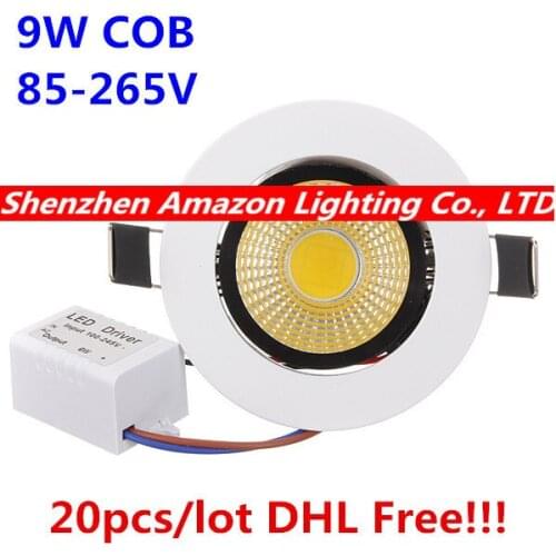 20pcs Recessed LED Down Light 9W COB Ceiling Downlight Warm White/Cold White 85-265V indoor LED Light DHL Free Shipping