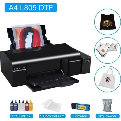 A4 DTF Printer L805 T-Shirt Printing Machine with RIP Software + 6*100ml DTF Ink +1KG Powder+100pcs PET Film For Direct Transfer