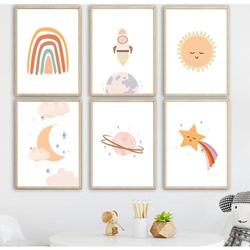 Rainbow Earth Rocket Sun Moon Stars Wall Art Canvas Painting Nordic Posters And Prints Cartoon Wall Pictures For Kids Room Decor