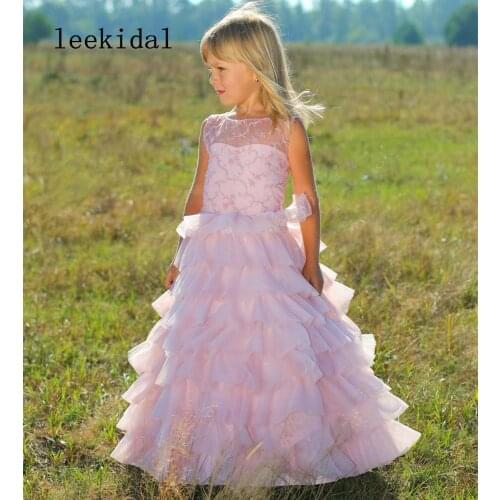 Blush Pink Flower Girl Dresses Gowns with Tiered Ruffles Skirt Sheer Neck Ball Gown Kids Prom Dress for Birthday Party Custom