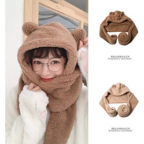 Cute Bear Ear Hat Scarf Gloves Set Winter Women Beanies Caps Warm Casual Plush Hat Scarf Set Casual Solid Fleece Girl Kawaii Cap