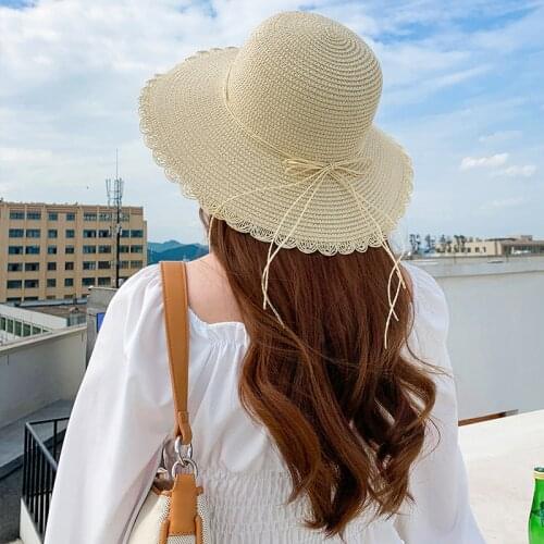 New Summer Sun Hats Bucket Hat Women Fashion Girl Straw Hat Ribbon Bow Beach Hat Casual Straw Flat Top Panama Hat Bone Feminino