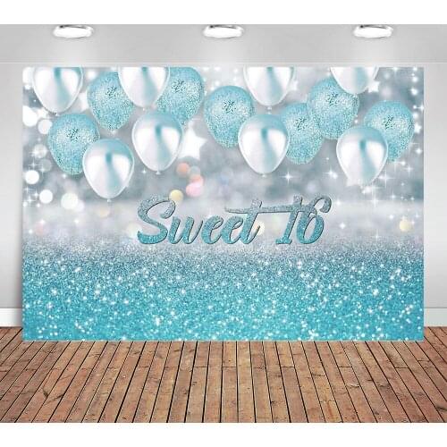 Sweet 16 Silver Blue Bokeh Glitter Photography Backdrop for Happy Birthday Party Banner Decorations Banner Photo Booths Studio
