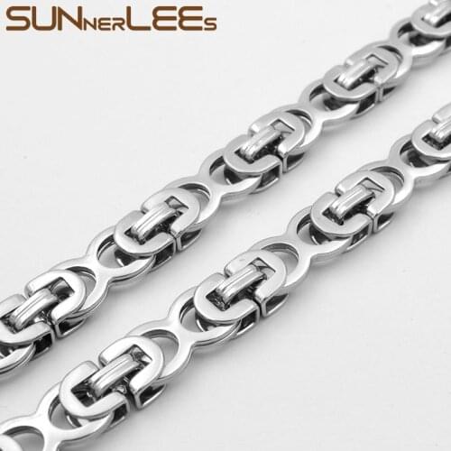 SUNNERLEES Jewelry Stainless Steel Necklace 8mm Geometric Byzantine Link Chain Silver Color Gold Plated Men Women Gift SC133 N