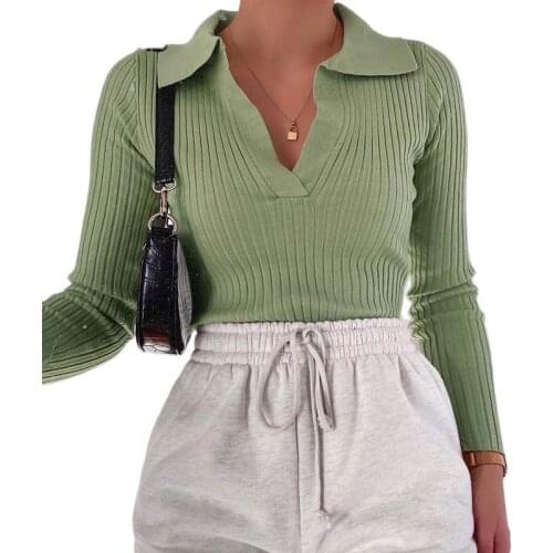 Vintage Candy Kleur V-hals Geribbelde Gebreide Truien Vrouwen Lange Mouwen Zachte Bodycon Truien 2021 Lente Stretch Jumpers