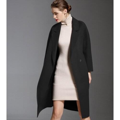 Long woolen blends cashmere coats for women 2019 autumn winter ladies jackets plus size overcoat double sided black 2 buttons