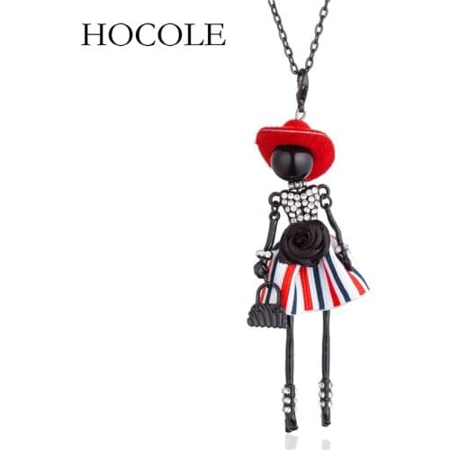 2018 Rhinestone Floral Stripe Dress Doll Pendant Necklace Red Hat Paris Girl Handmade Statement Jewelry For Women Collares