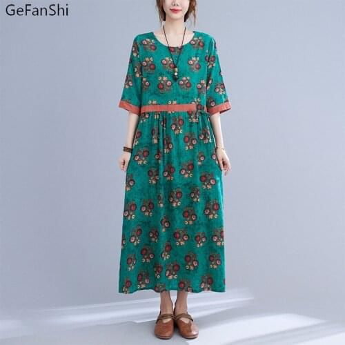 Casual Loose Floral Patchwork Vintage Dress Elegant Ladies Fashion Women Summer Dresses Cotton Linen Clothes Plus Size