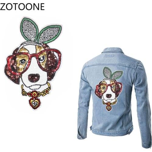 ZOTOONE Cartoon Animals Glasses Dog Patches Sew on Large Sequin Embroidery Patch for Clothing Stripe on Clothes DIY Appliques