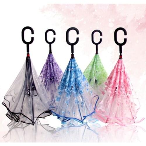 10pcs Creative Transparent Sakura C-Hook Handle Inverted Reverse Folding Umbrella Rain Umbrella ZA6666