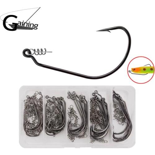 50pcs Fishing Hook Carbon Steel Wide Crank Offset Fishhook with Spring Lock Pin for Soft Worm Lure 1/0#-5/0# Barbed Hooks