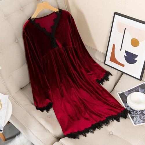 Velvet Nightgown Femme Long Sleeve Sleepshirt Lace Nightwear Casual Nightdress Sleepwer Spring Kimono Sleep Gown Nighty Dress