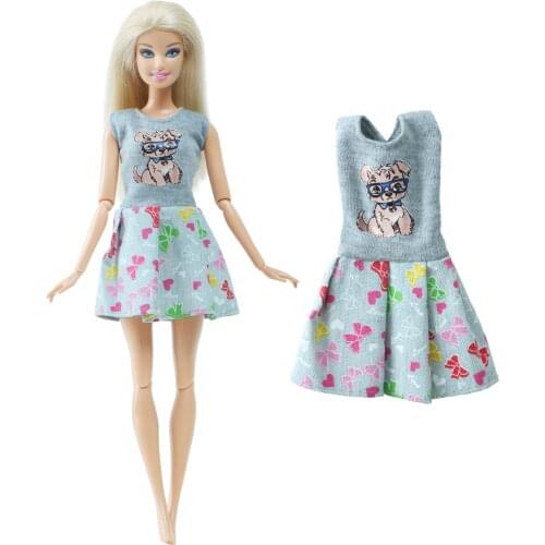 BJDBUS 1 Doll Mini Dress Modern Skirt Casual Party Wear Cute Dog Pattern Grey Clothes for Barbie Doll Accessories Kids Toys