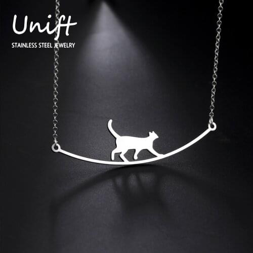 Unift Lovely Walking Tightrope Cat Necklace for Women Girls Stainless Steel Kitten & Smile Shaped Charm Fashion Trendy Jewelry