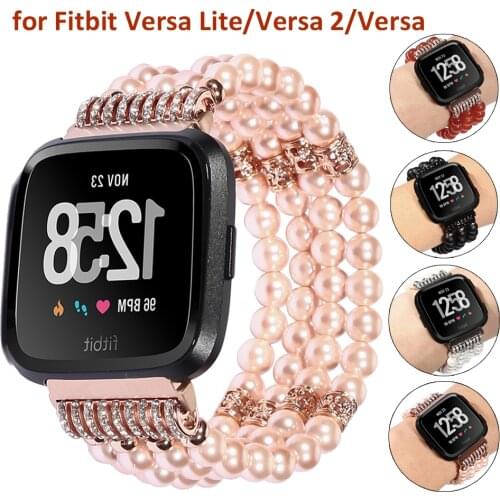 Dressy Bracele for Fitbit Versa/Versa 2/Versa Lite Bands Women Fashion Handmade Elastic Stretch Beads Beaded Replacement Pink