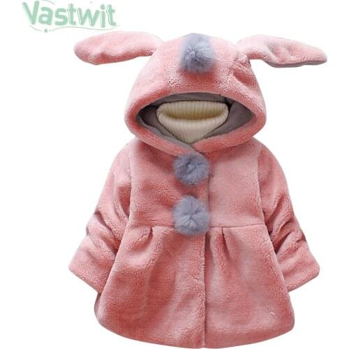 Infant Baby Girls Clothes Fleece Fur Winter Warm Hoodie Rabbit Ears Plush Ball Coat Outerwear Cloak Jacket Toddler Kids Coat