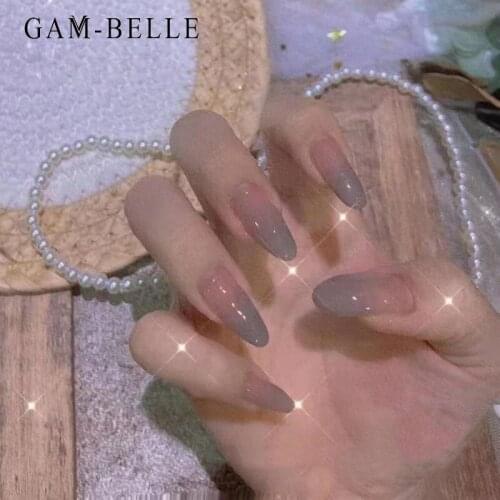 GAM-BELLE French Gradient Detachable Fake Nails Long Oval Full Cover Press On Nails Manicure Decor Artificial False Nail Tips