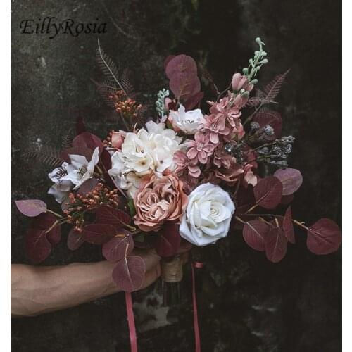 EillyRosia Coffee Red Retro Wedding Bouquet White Dusty Rose Holding Flowers Simulation Bride Bouquet Photography Props Flowers